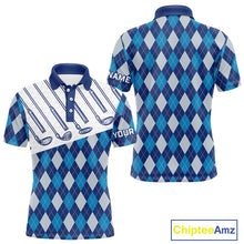Load image into Gallery viewer, Blue Argyle Golf Polo Shirt For Men Plaid Pattern Custom Name, Golfer Gifts NBT488