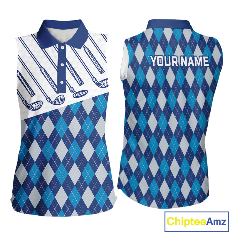 Blue Argyle Sleeveless Golf Polo Shirt For Women Plaid Pattern Custom Name, Golfer Gifts NBT488