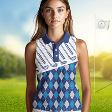 Load image into Gallery viewer, Blue Argyle Sleeveless Golf Polo Shirt For Women Plaid Pattern Custom Name, Golfer Gifts NBT488