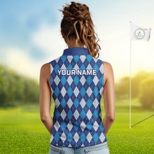 Load image into Gallery viewer, Blue Argyle Sleeveless Golf Polo Shirt For Women Plaid Pattern Custom Name, Golfer Gifts NBT488