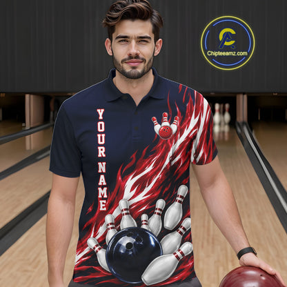 Red And Blue Custom Flame Bowling Polo & 1/4 Quarter Zip Shirts For Men, Fire Bowling Team Shirt NBT987