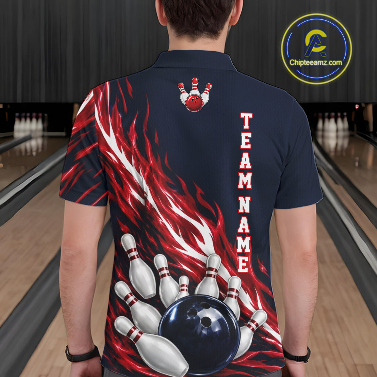 Red And Blue Custom Flame Bowling Polo & 1/4 Quarter Zip Shirts For Men, Fire Bowling Team Shirt NBT987