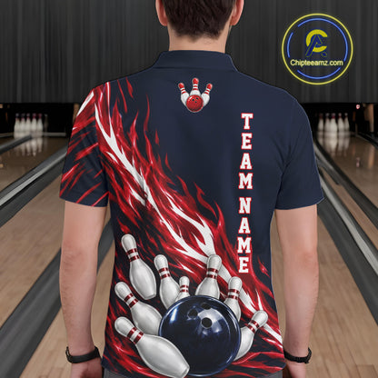 Red And Blue Custom Flame Bowling Polo & 1/4 Quarter Zip Shirts For Men, Fire Bowling Team Shirt NBT987