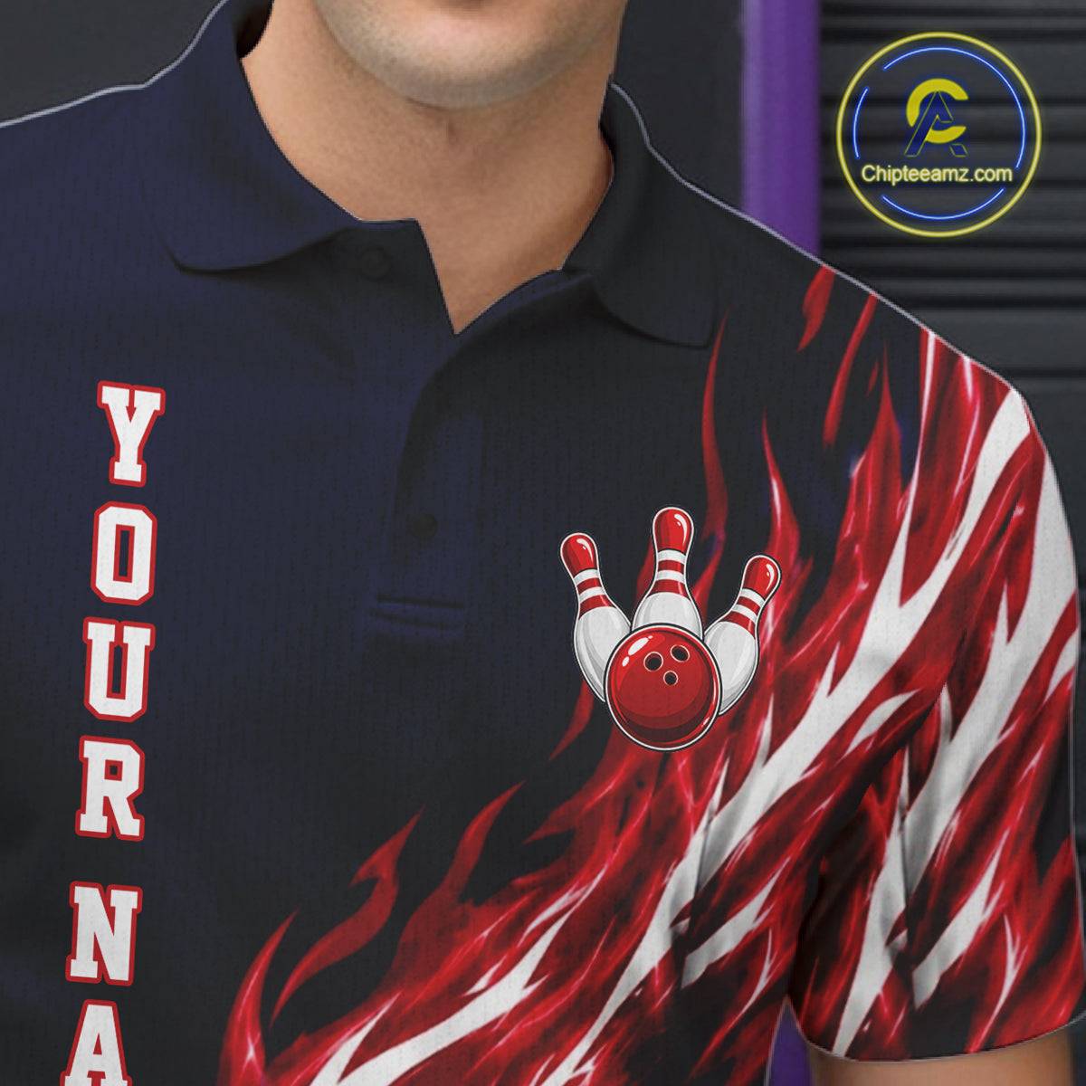 Red And Blue Custom Flame Bowling Polo & 1/4 Quarter Zip Shirts For Men, Fire Bowling Team Shirt NBT987