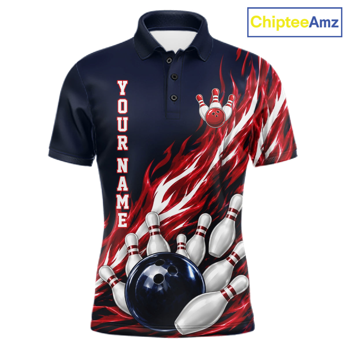 Red And Blue Custom Flame Bowling Polo & 1/4 Quarter Zip Shirts For Men, Fire Bowling Team Shirt NBT987