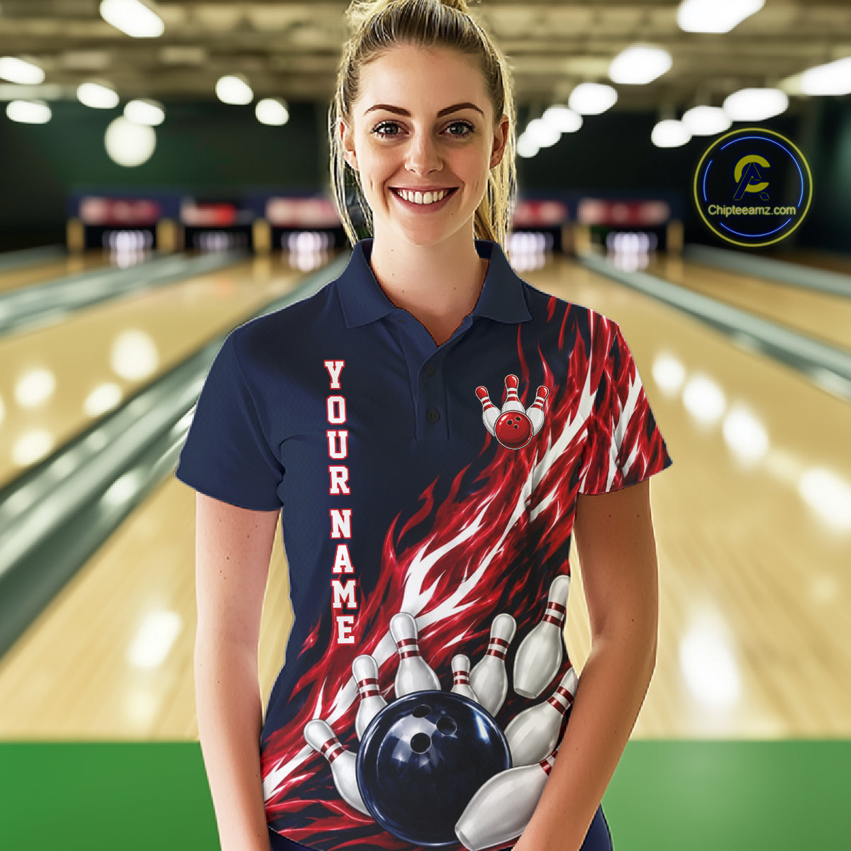 Red And Blue Custom Flame Bowling Polo & 1/4 Quarter Zip Shirts For Women, Fire Bowling Team Shirt NBT987
