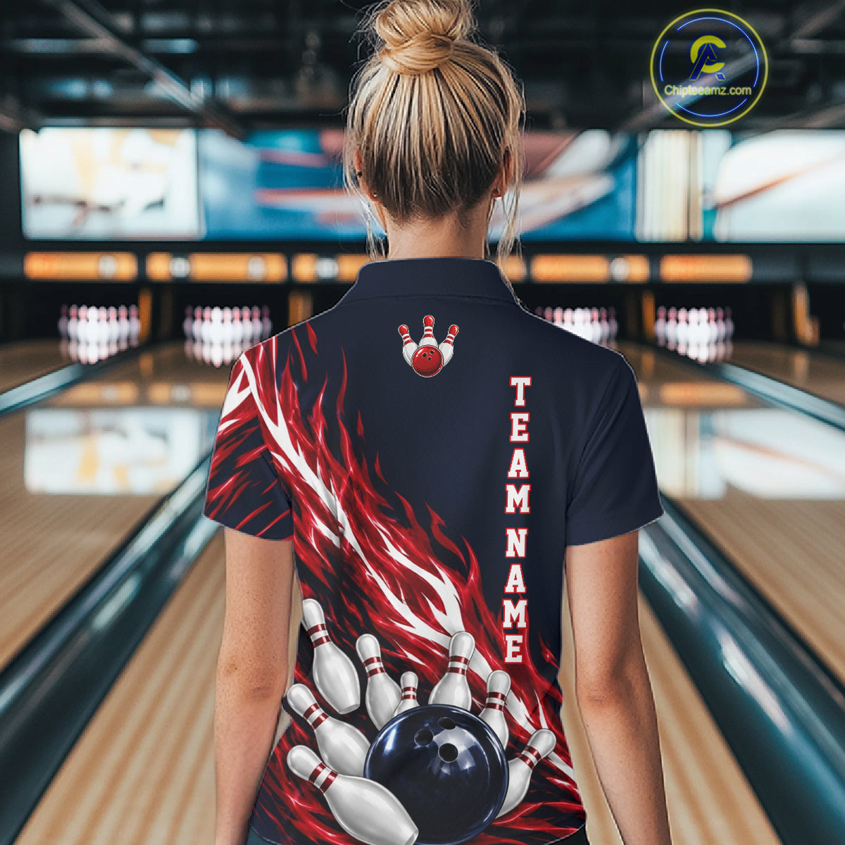 Red And Blue Custom Flame Bowling Polo & 1/4 Quarter Zip Shirts For Women, Fire Bowling Team Shirt NBT987