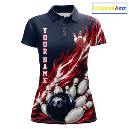 Red And Blue Custom Flame Bowling Polo & 1/4 Quarter Zip Shirts For Women, Fire Bowling Team Shirt NBT987
