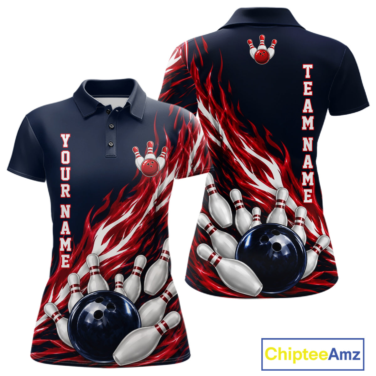 Red And Blue Custom Flame Bowling Polo & 1/4 Quarter Zip Shirts For Women, Fire Bowling Team Shirt NBT987