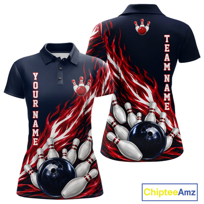 Red And Blue Custom Flame Bowling Polo & 1/4 Quarter Zip Shirts For Women, Fire Bowling Team Shirt NBT987