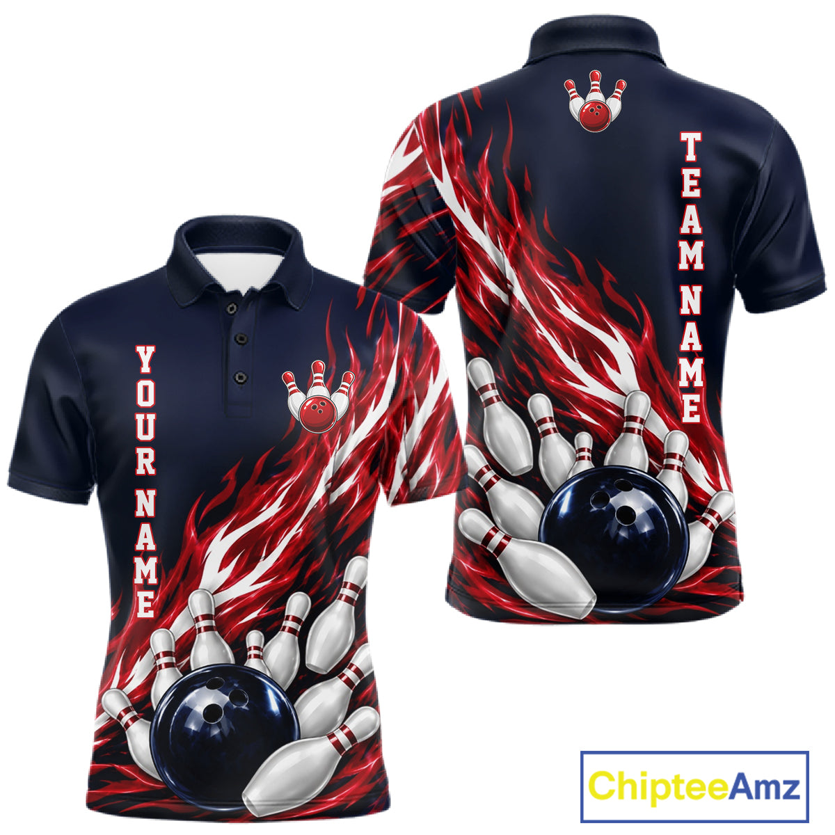 Red And Blue Custom Flame Bowling Polo & 1/4 Quarter Zip Shirts For Men, Fire Bowling Team Shirt NBT987