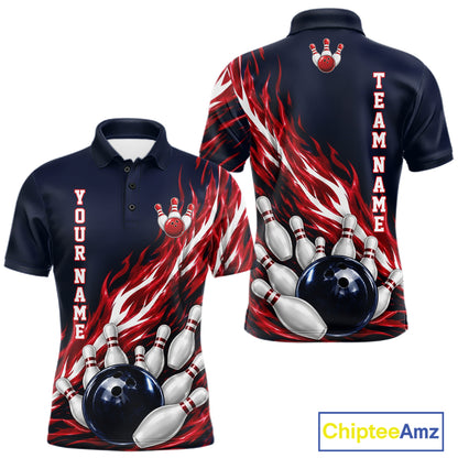 Red And Blue Custom Flame Bowling Polo & 1/4 Quarter Zip Shirts For Men, Fire Bowling Team Shirt NBT987