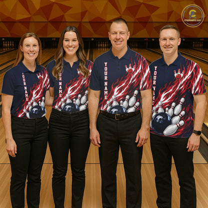Red And Blue Custom Flame Bowling Polo & 1/4 Quarter Zip Shirts For Men, Fire Bowling Team Shirt NBT987