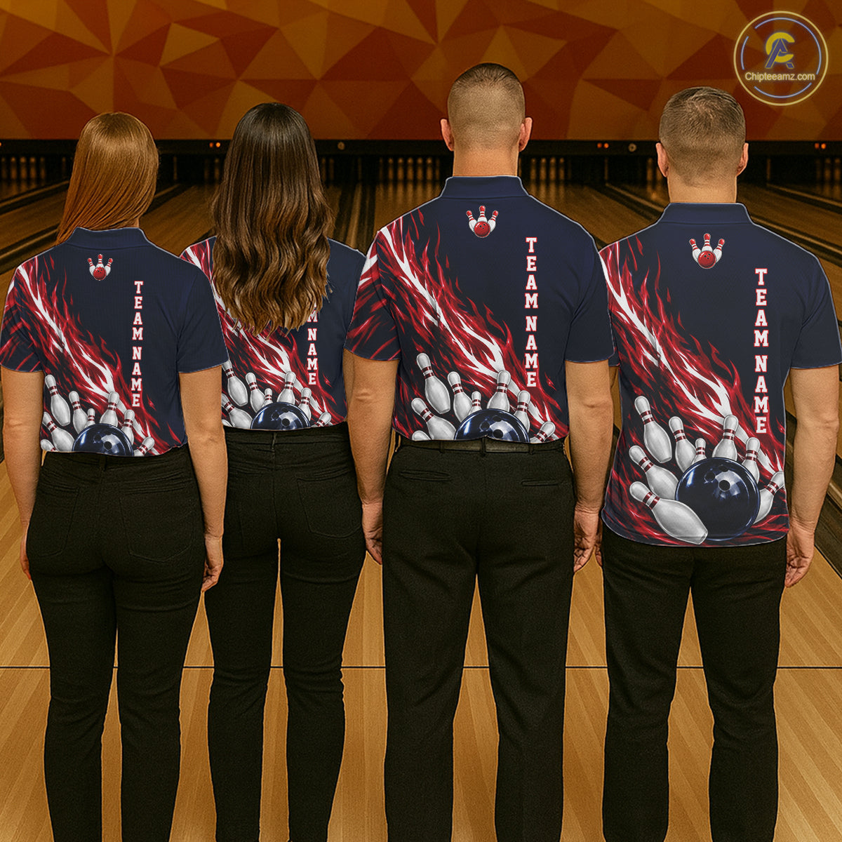 Red And Blue Custom Flame Bowling Polo & 1/4 Quarter Zip Shirts For Men, Fire Bowling Team Shirt NBT987