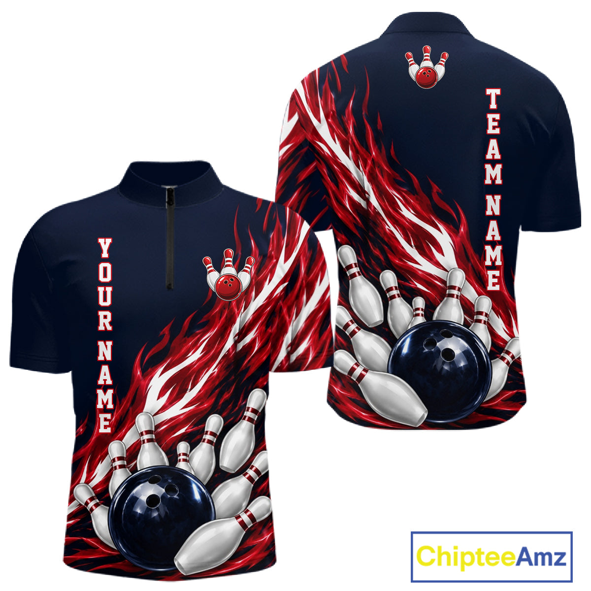 Red And Blue Custom Flame Bowling Polo & 1/4 Quarter Zip Shirts For Men, Fire Bowling Team Shirt NBT987