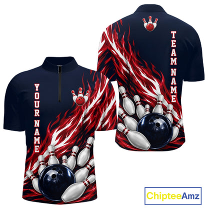 Red And Blue Custom Flame Bowling Polo & 1/4 Quarter Zip Shirts For Men, Fire Bowling Team Shirt NBT987