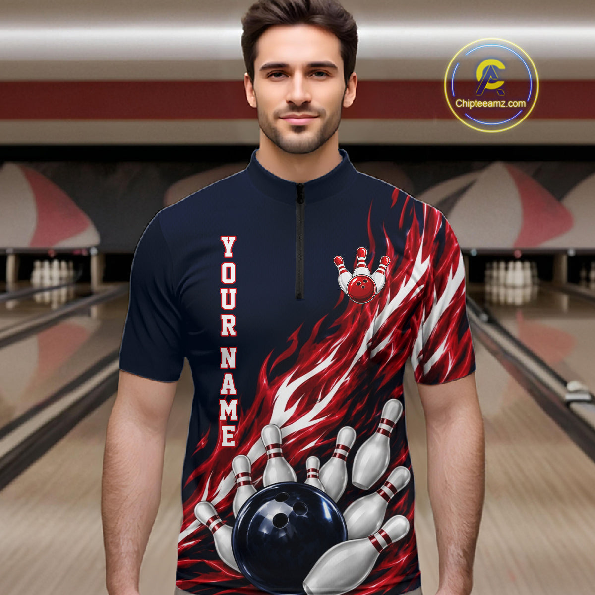 Red And Blue Custom Flame Bowling Polo & 1/4 Quarter Zip Shirts For Men, Fire Bowling Team Shirt NBT987