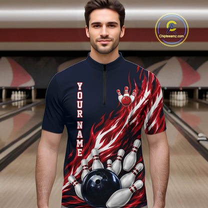 Red And Blue Custom Flame Bowling Polo & 1/4 Quarter Zip Shirts For Men, Fire Bowling Team Shirt NBT987