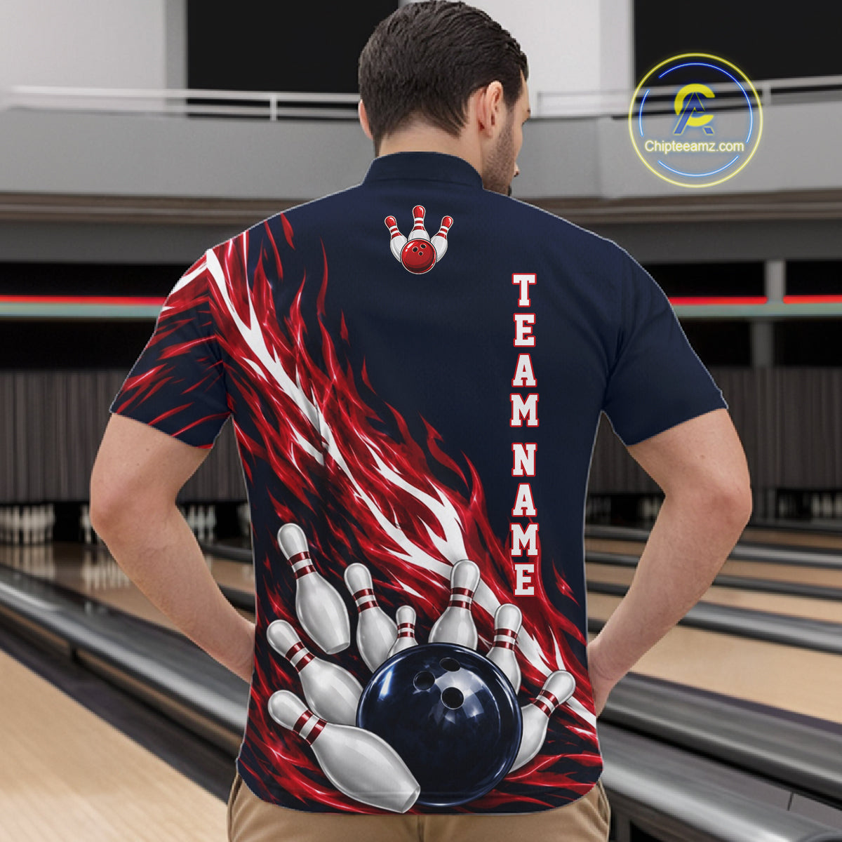 Red And Blue Custom Flame Bowling Polo & 1/4 Quarter Zip Shirts For Men, Fire Bowling Team Shirt NBT987