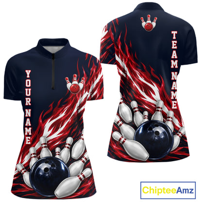 Red And Blue Custom Flame Bowling Polo & 1/4 Quarter Zip Shirts For Women, Fire Bowling Team Shirt NBT987