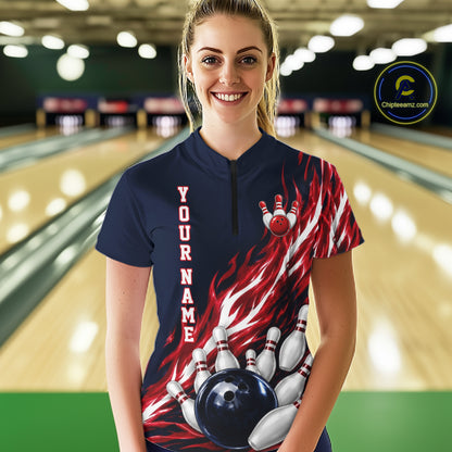 Red And Blue Custom Flame Bowling Polo & 1/4 Quarter Zip Shirts For Women, Fire Bowling Team Shirt NBT987