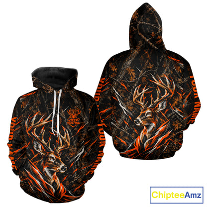 Winter Whitetail Deer Orange Camo Customize Name 3D Printed Long Sleeve Hunting Shirts For Men NBT1069