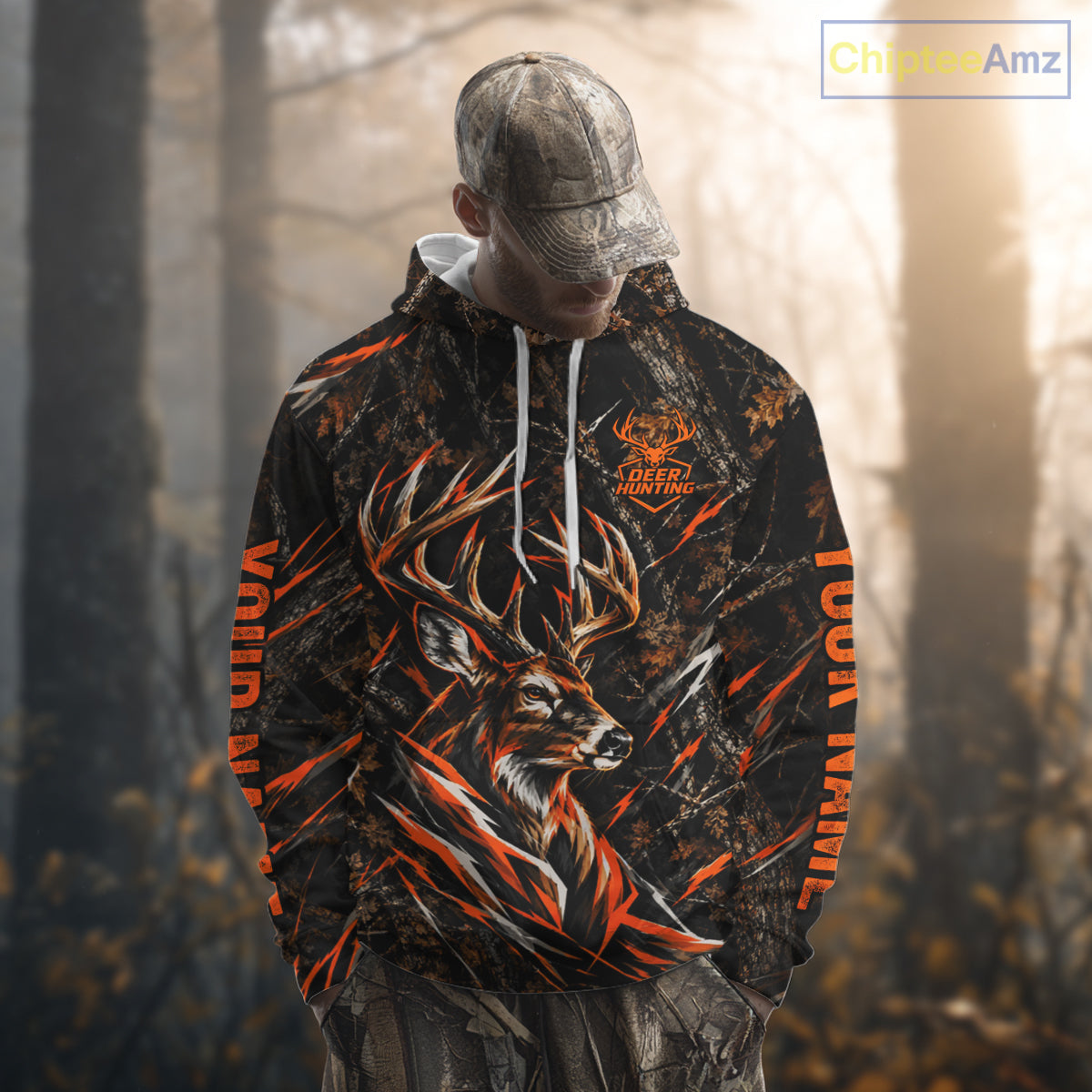 Winter Whitetail Deer Orange Camo Customize Name 3D Printed Long Sleeve Hunting Shirts For Men NBT1069
