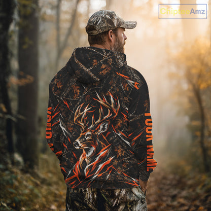 Winter Whitetail Deer Orange Camo Customize Name 3D Printed Long Sleeve Hunting Shirts For Men NBT1069