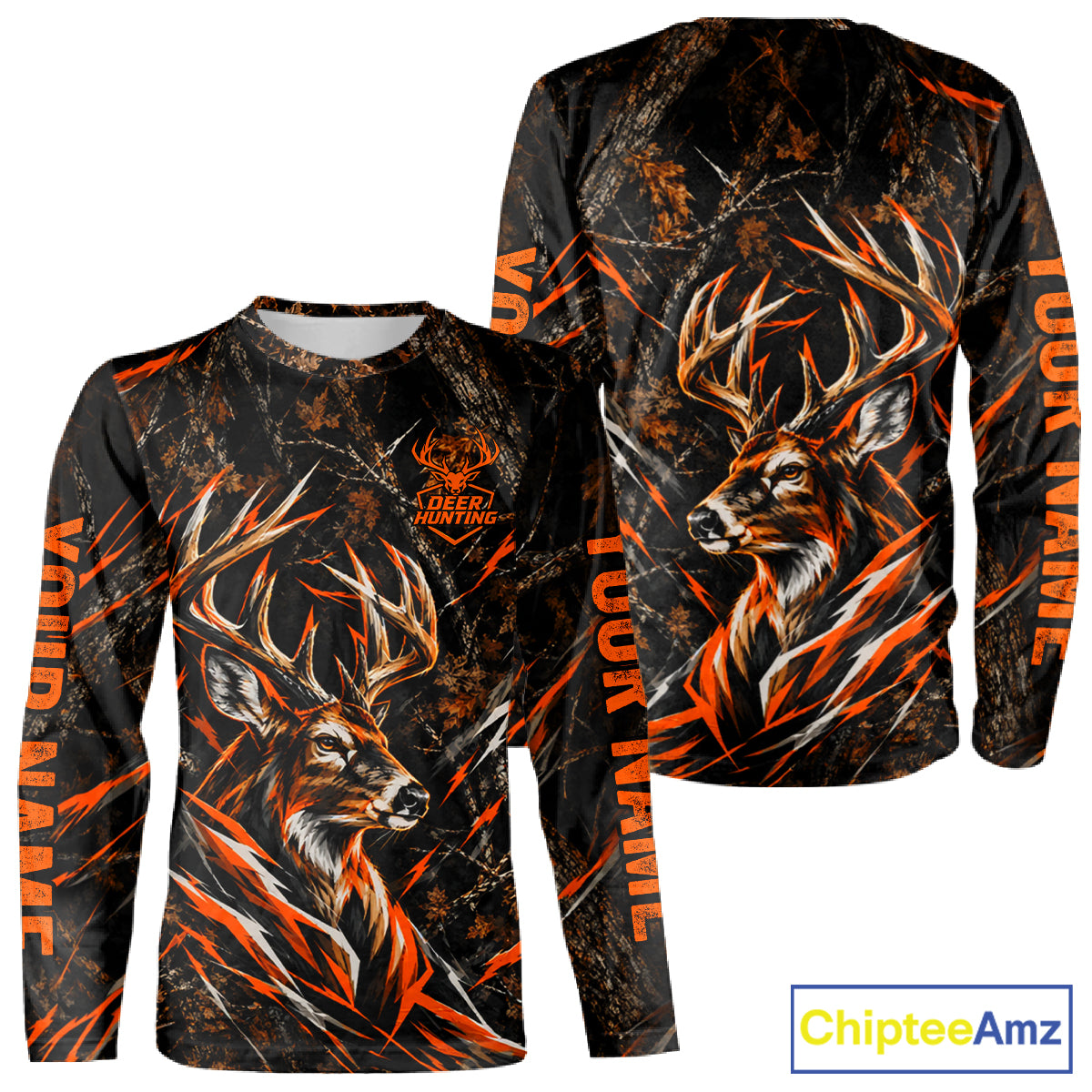 Winter Whitetail Deer Orange Camo Customize Name 3D Printed Long Sleeve Hunting Shirts For Men NBT1069