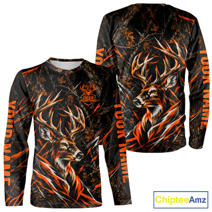 Winter Whitetail Deer Orange Camo Customize Name 3D Printed Long Sleeve Hunting Shirts For Men NBT1069