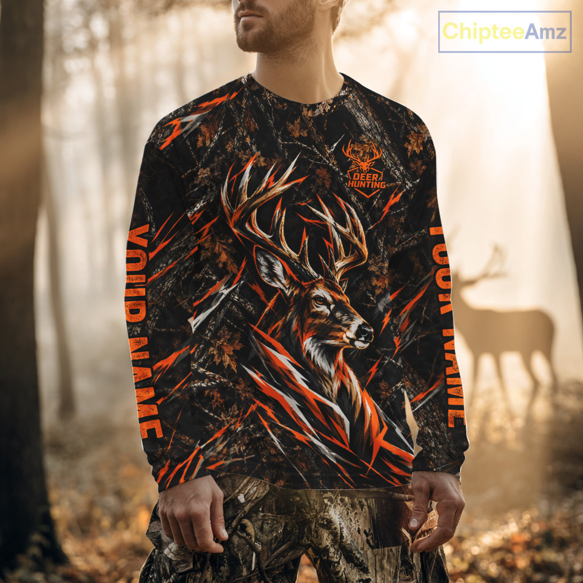 Winter Whitetail Deer Orange Camo Customize Name 3D Printed Long Sleeve Hunting Shirts For Men NBT1069