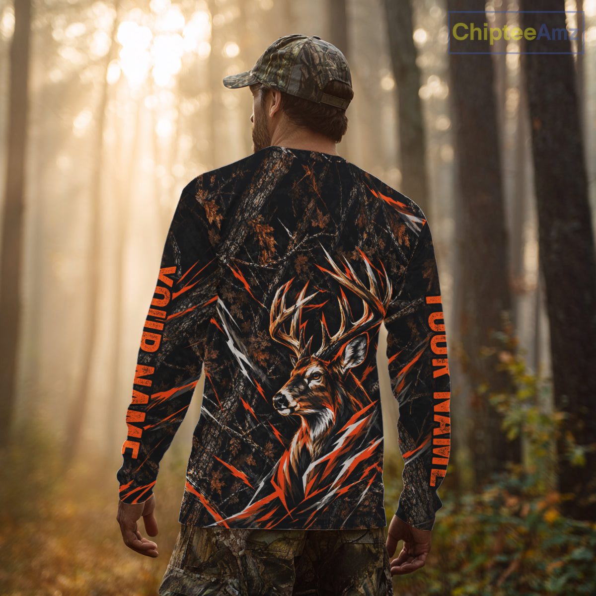 Winter Whitetail Deer Orange Camo Customize Name 3D Printed Long Sleeve Hunting Shirts For Men NBT1069
