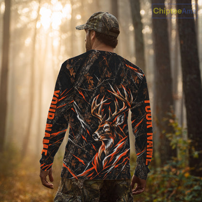 Winter Whitetail Deer Orange Camo Customize Name 3D Printed Long Sleeve Hunting Shirts For Men NBT1069