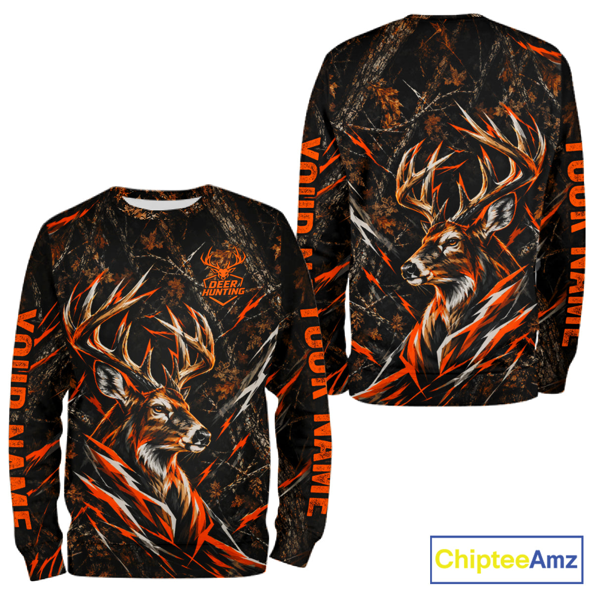 Winter Whitetail Deer Orange Camo Customize Name 3D Printed Long Sleeve Hunting Shirts For Men NBT1069