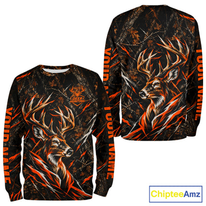 Winter Whitetail Deer Orange Camo Customize Name 3D Printed Long Sleeve Hunting Shirts For Men NBT1069