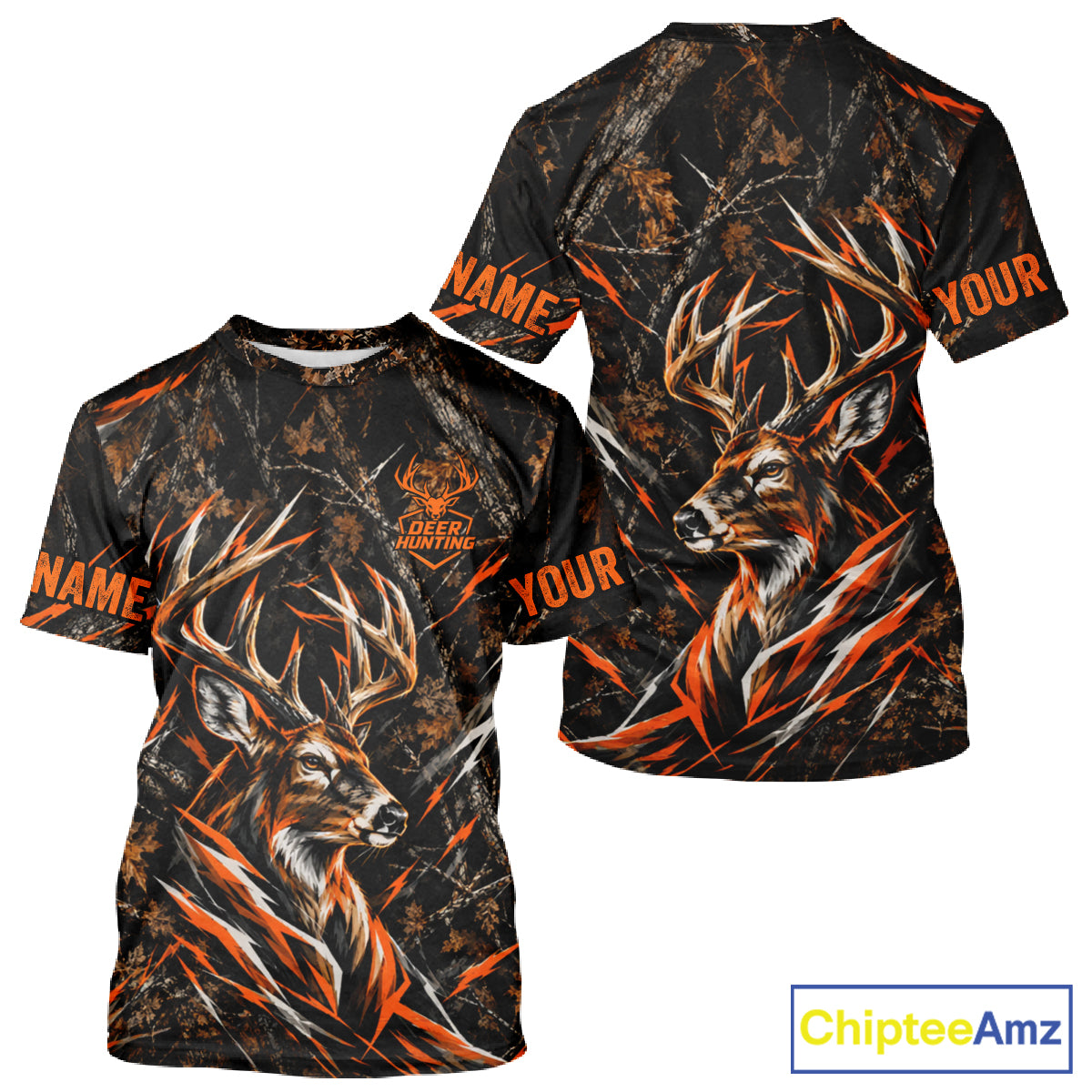 Winter Whitetail Deer Orange Camo Customize Name 3D Printed Long Sleeve Hunting Shirts For Men NBT1069