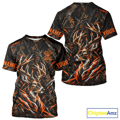 Winter Whitetail Deer Orange Camo Customize Name 3D Printed Long Sleeve Hunting Shirts For Men NBT1069