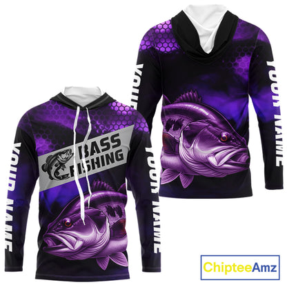 Purple Largemouth Bass Long Sleeve Hooded Fishing Shirts, Custom Big Bass Fishing Jerseys NBT379