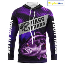 Load image into Gallery viewer, Purple Largemouth Bass Long Sleeve Hooded Fishing Shirts, Custom Big Bass Fishing Jerseys NBT379