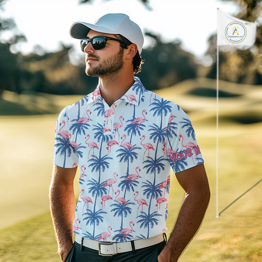 Flamingo Tropical Palm Tree Mens Polo Shirt, Custom Matching Polo Team, Golf Gifts For Men NBT494