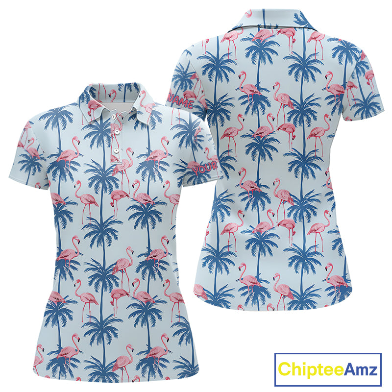 Flamingo Tropical Palm Tree Womens Polo Shirt, Custom Matching Girl Polo Team, Golf Gifts For Ladies NBT494