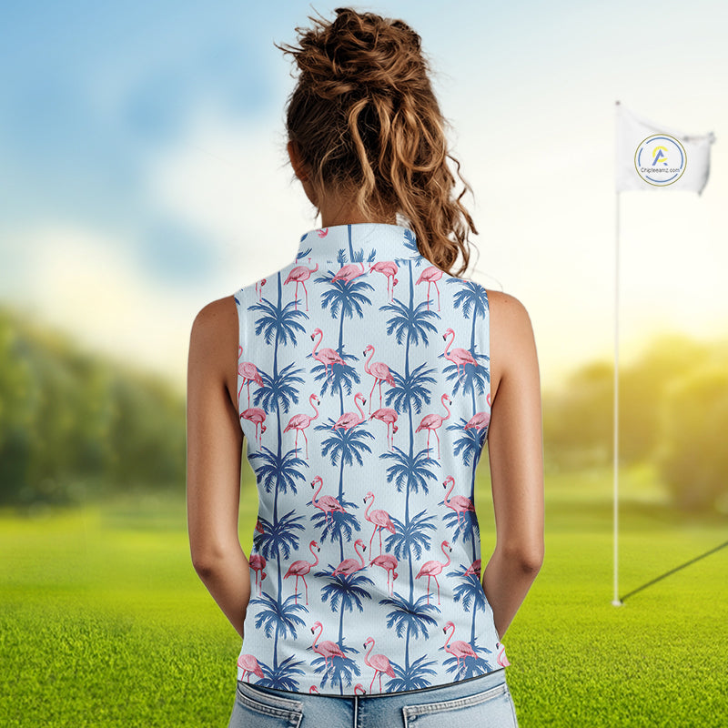 Flamingo Tropical Palm Tree Womens Sleeveless Golf Polo Shirt, Custom Matching Girl Polo Team, Golf Gifts For Ladies NBT494