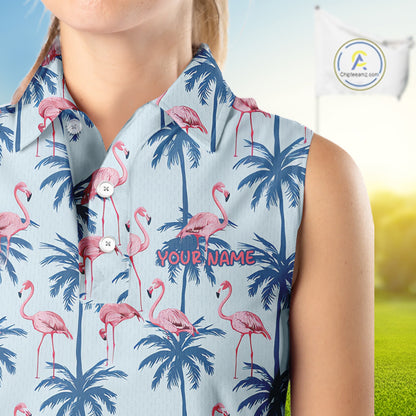 Flamingo Tropical Palm Tree Womens Sleeveless Golf Polo Shirt, Custom Matching Girl Polo Team, Golf Gifts For Ladies NBT494