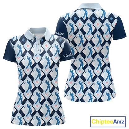 Blue Argyle Golf Polo Shirt For Women, Golf Friends Shirt, Blue Retro Golf Outfits NHT565