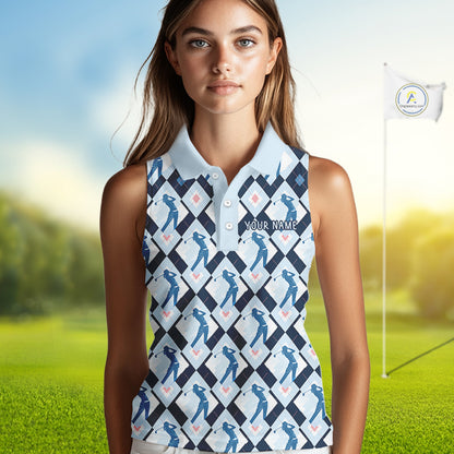 Blue Argyle Womens Sleeveless Golf Polo Shirt, Golf Friends Shirt, Blue Retro Golf Outfits NHT565