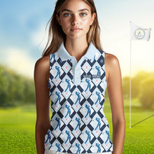 Load image into Gallery viewer, Blue Argyle Womens Sleeveless Golf Polo Shirt, Golf Friends Shirt, Blue Retro Golf Outfits NHT565