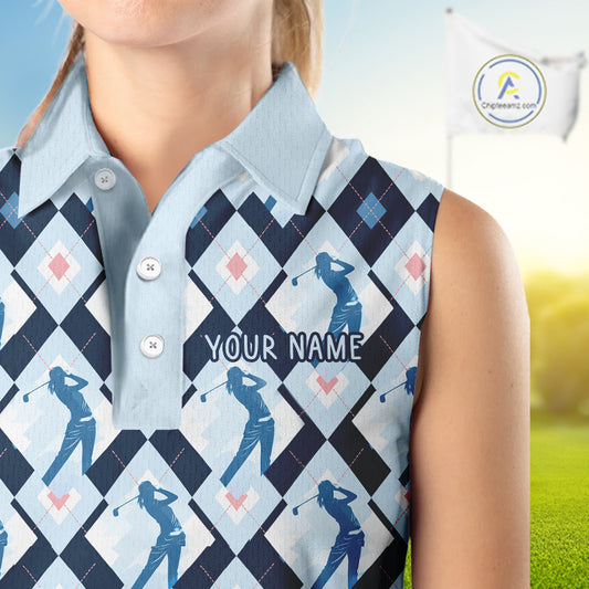 Blue Argyle Womens Sleeveless Golf Polo Shirt, Golf Friends Shirt, Blue Retro Golf Outfits NHT565