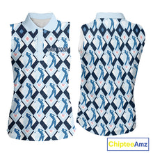 Load image into Gallery viewer, Blue Argyle Womens Sleeveless Golf Polo Shirt, Golf Friends Shirt, Blue Retro Golf Outfits NHT565