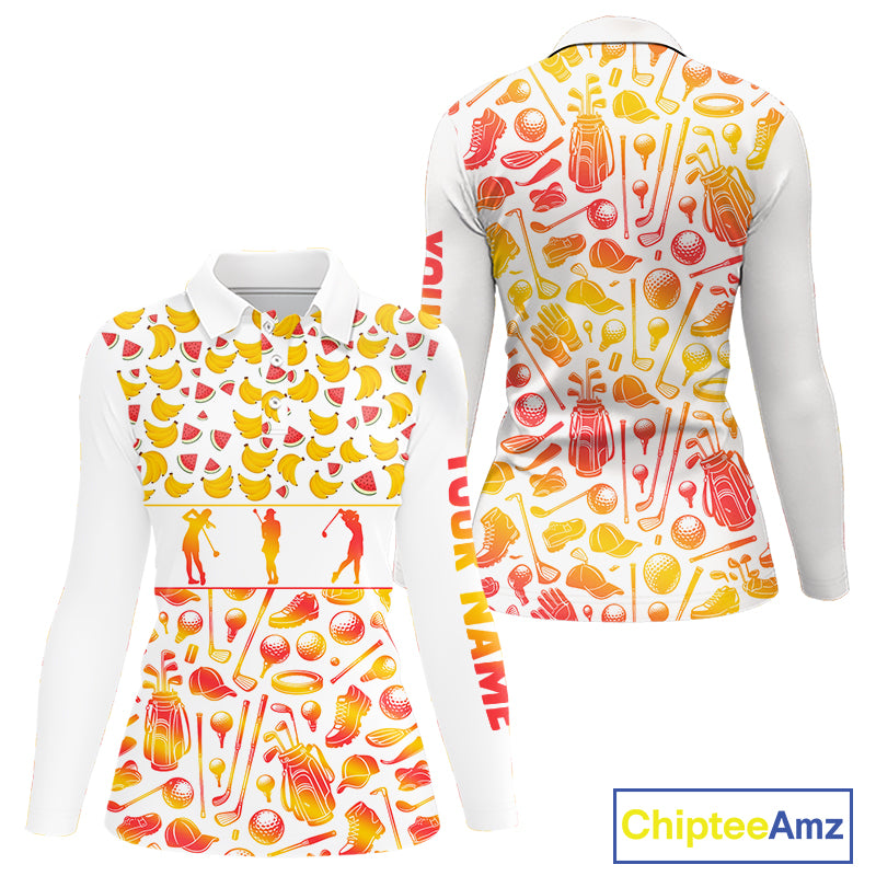 Funny Watermelon Banana Womens Golf Polo Shirts Custom Name Neon Print, Golf Shirt For Women NBT501