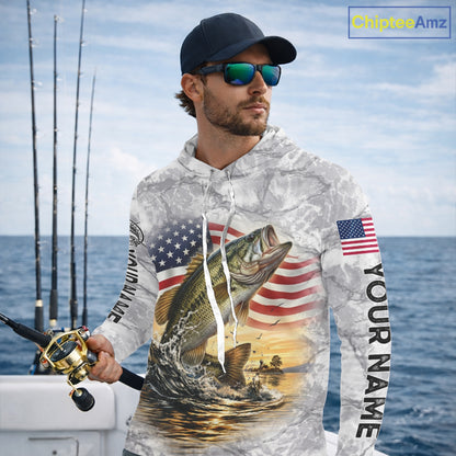 Largemouth Bass Fishing American Flag Long Sleeve Hooded Tournament Shirts, Bass Fishing League Shirt NBT1181